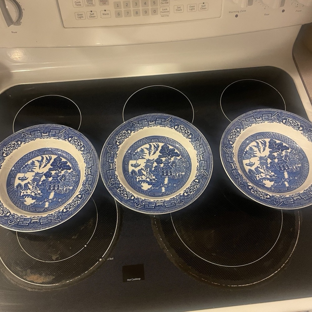 Antique Blue Willow English Staffordshire Bow Knot 9" Soup Bowl Plates Set Of 3